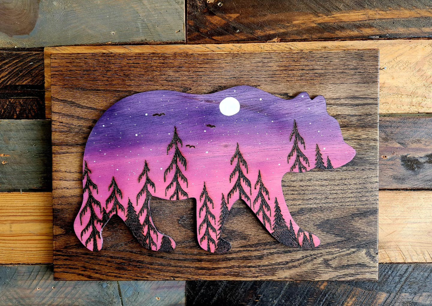 Evening Bear wood stain painting and woodburning